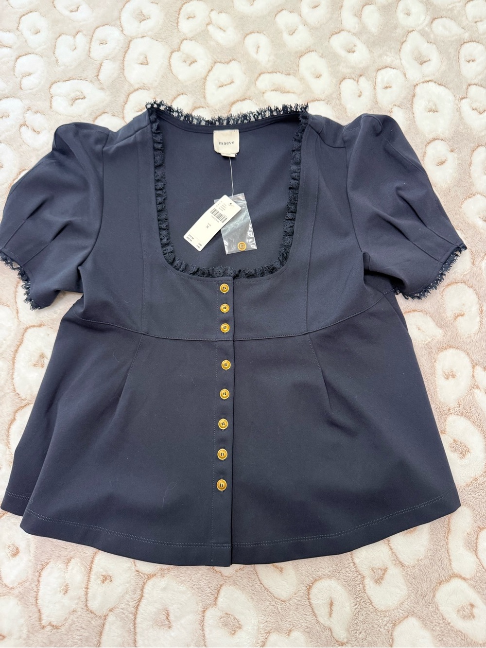Maeve Black Square Neck Puff Sleeve Button Front Top